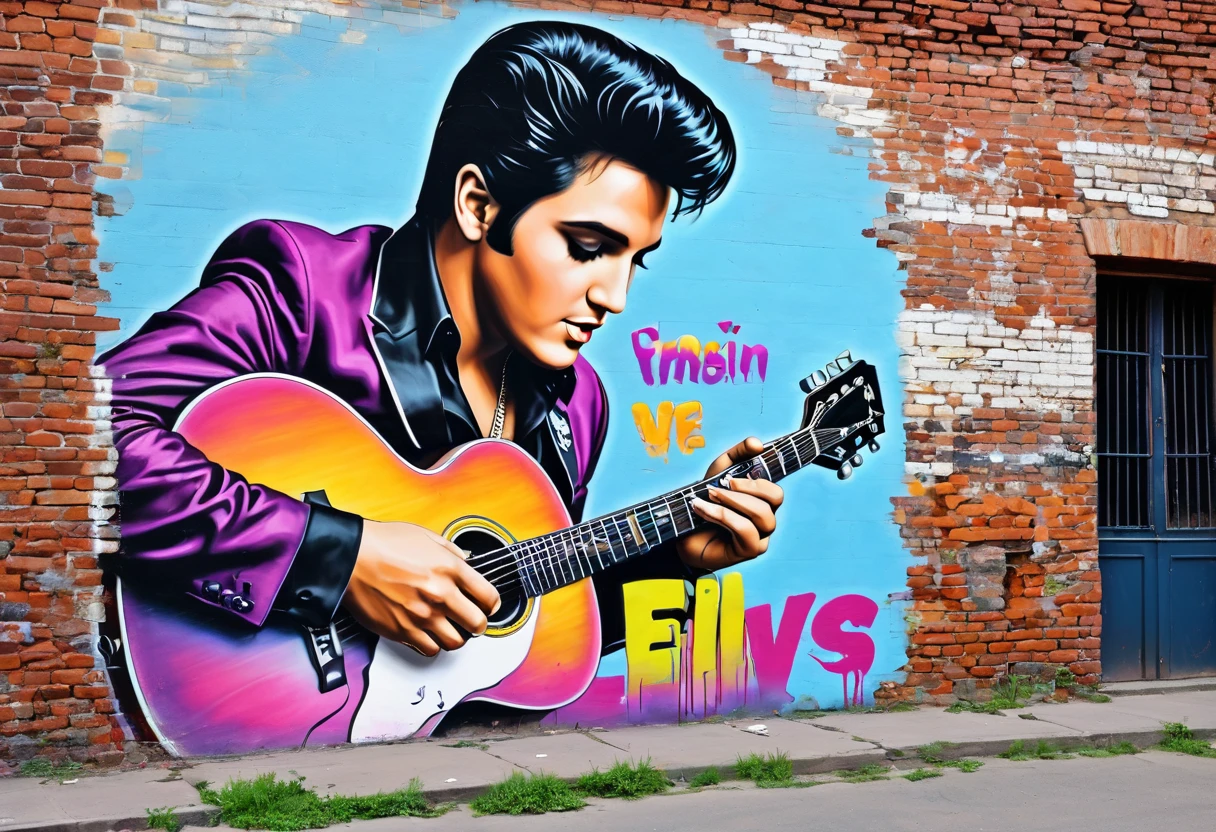 graffiti, pastel, graffiti on brick wall, spray paint on wall, colorful graffiti, street art, spray paint, street canvas, graffiti artist, graffiti art, spray art, spray art, (((old worn brick wall: 1.4))). (((spray paint cans: 1.3))). Moral on the wall of the house. Elvis Presley playing with his guitar, fingers strumming the strings, filmed in ultra-HD, photorealistic conceptual art, carefully drawn with pen and bright, vivid colors,