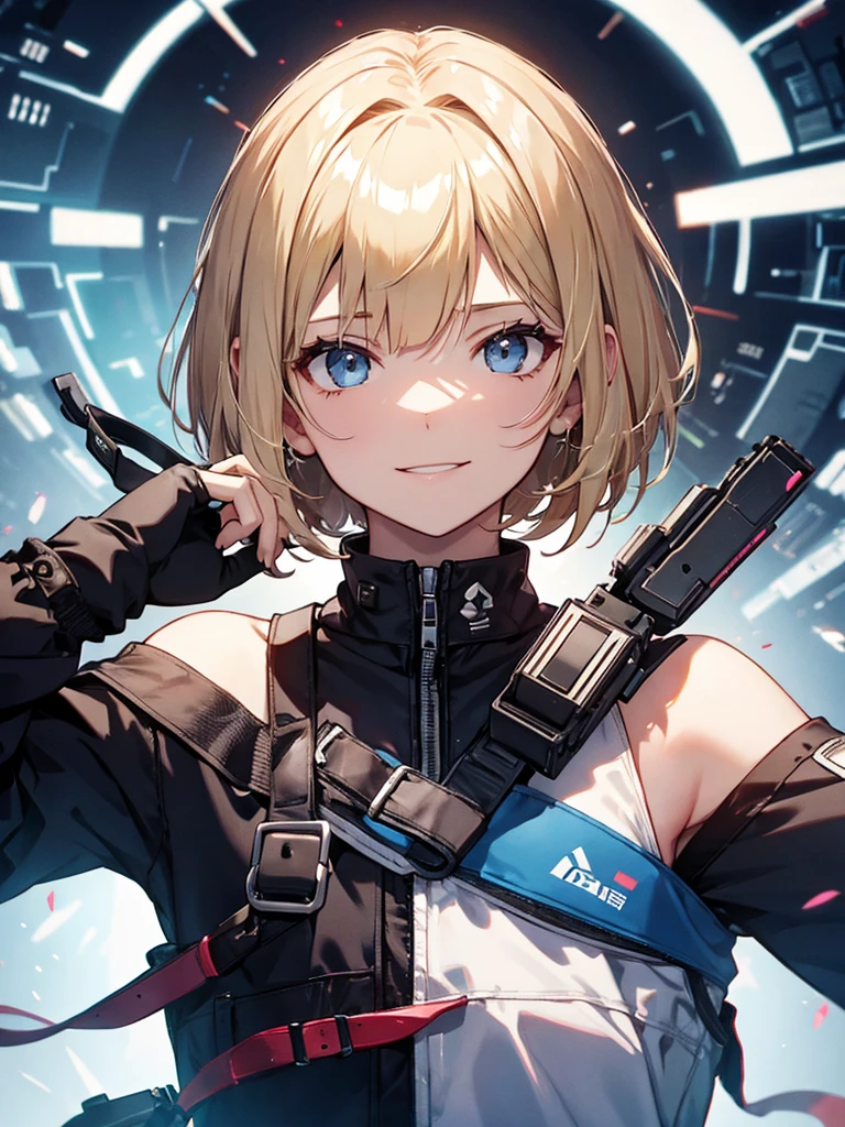 cyber punk、、Blonde、beautiful girl、smile、Bobcut、Extreme sadism、Face close-up、Artist、doctor、One person