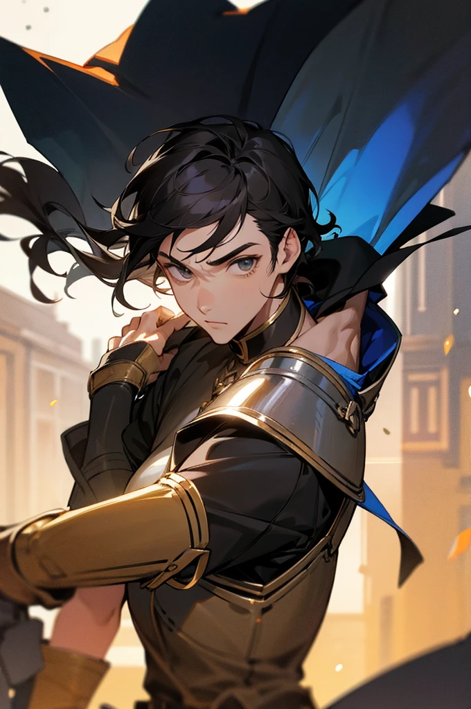 Male ,Young adult, Black Hair, Town Background, Knight