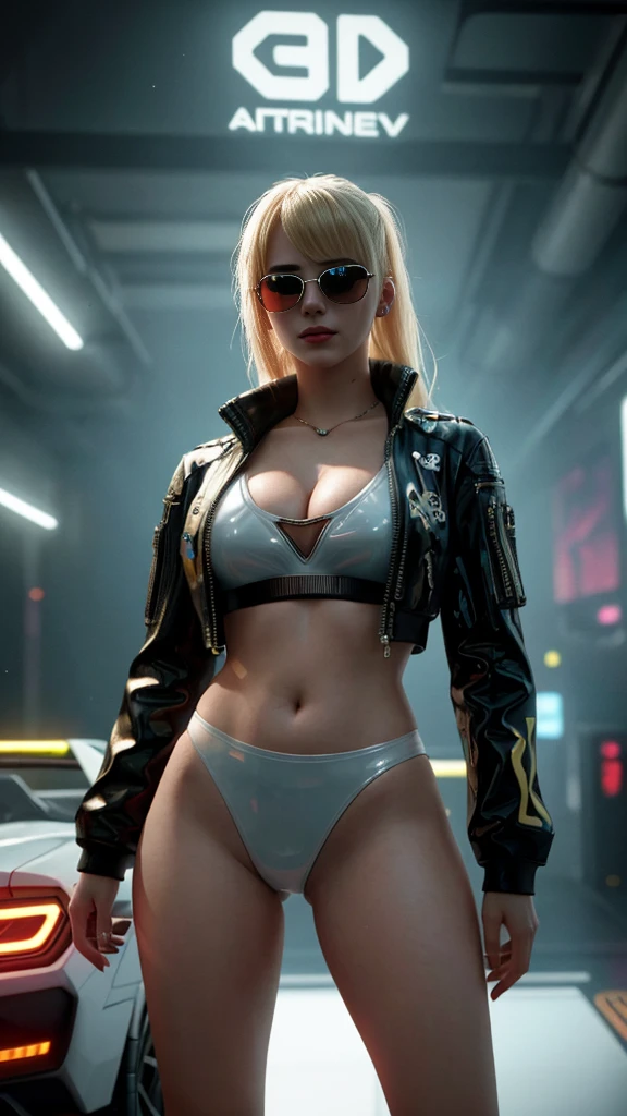 Blond fit beautiful teenage girl, blue sunglasses, wearing white latex dancing to music, cyberpunk 2077, blade runner, full body, perfect lighting. Perfect composition Beauty Award winning masterpiece Artstation 8 k Artgerm Mucha Dim Volumetric lighting Octane 18 k Beautiful detail rendering. post processing, portrait, exaggerated detail, complex, epic composition, cinematic lighting, masterpiece, trending art station, high detail, masterpiece, beautiful, 18k , HDR, smooth, sharp focus, high resolution