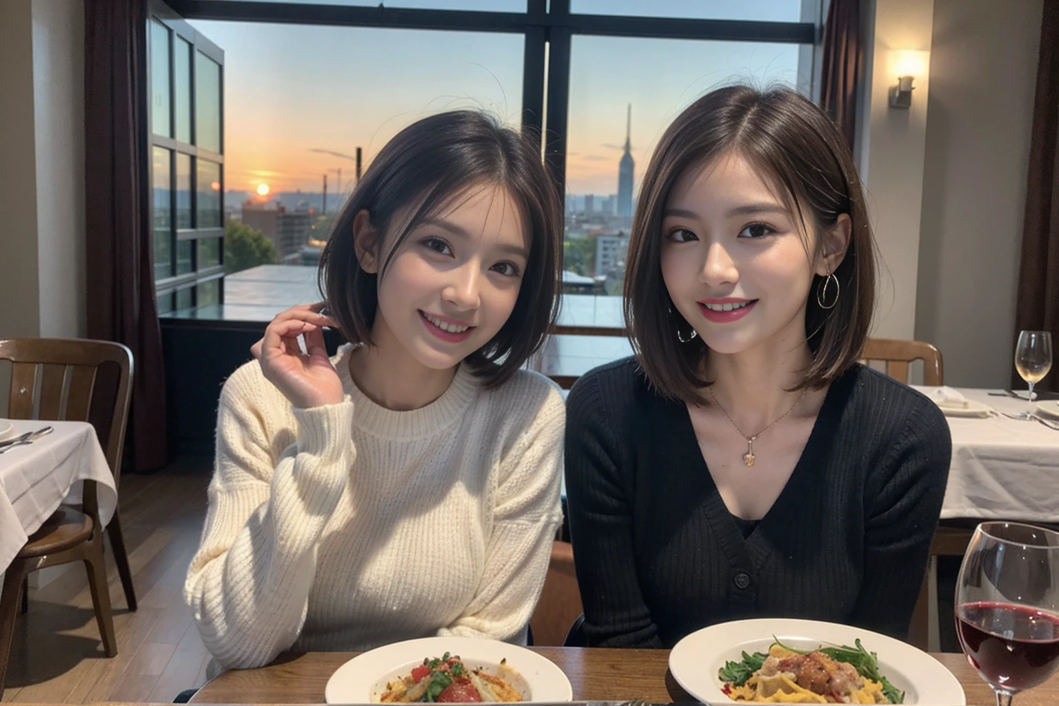 (Realistic:1.1),(masterpiece,Highest quality),8k,(49 years old), 53 years old, ベリーslimボディ、slimカップル、Tight waist,Upper Body,full-course dinner、wine 、Amazing view of the sunset sky and clouds、Perfect Anatomy, Brown Hair, short hair,Random Hairstyles,((Highly detailed face and eyes:1.2)),Perfect golden ratio face,Long sleeve shirt、dress,(smile:1.2)、Shortcuts、cute、(Realistic, Intricate details:1.2), A bright smile、short hair,Bright Face、赤wine 、Appetizers、Italian food、wine bottle、Champagne、スパークリングwine、(slimな顔), (The body is slim), (Brown Hair), (Shortcuts), Upper Body, 白wine, slim, wineグラス,