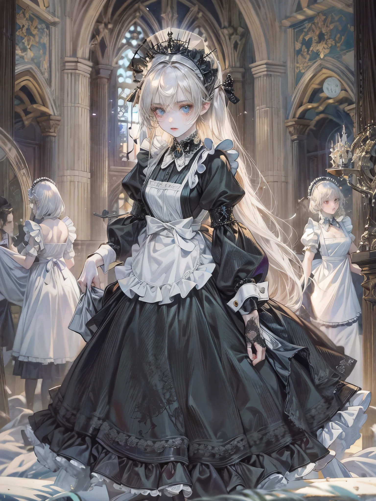((Highest quality)),(Ultra-high resolution),(Super detailed),(Detailed Description),((The best CG)),(masterpiece),Highly detailed art,(Art with precise detail:1.5), ((mysterious:1.7)),(Pale Skinned Maid:1.6),(Intricately detailed maid outfits:1.5),(Expressionless:1.5,Condescending Gaze:1.2), (Gothic Horror:1.7)
