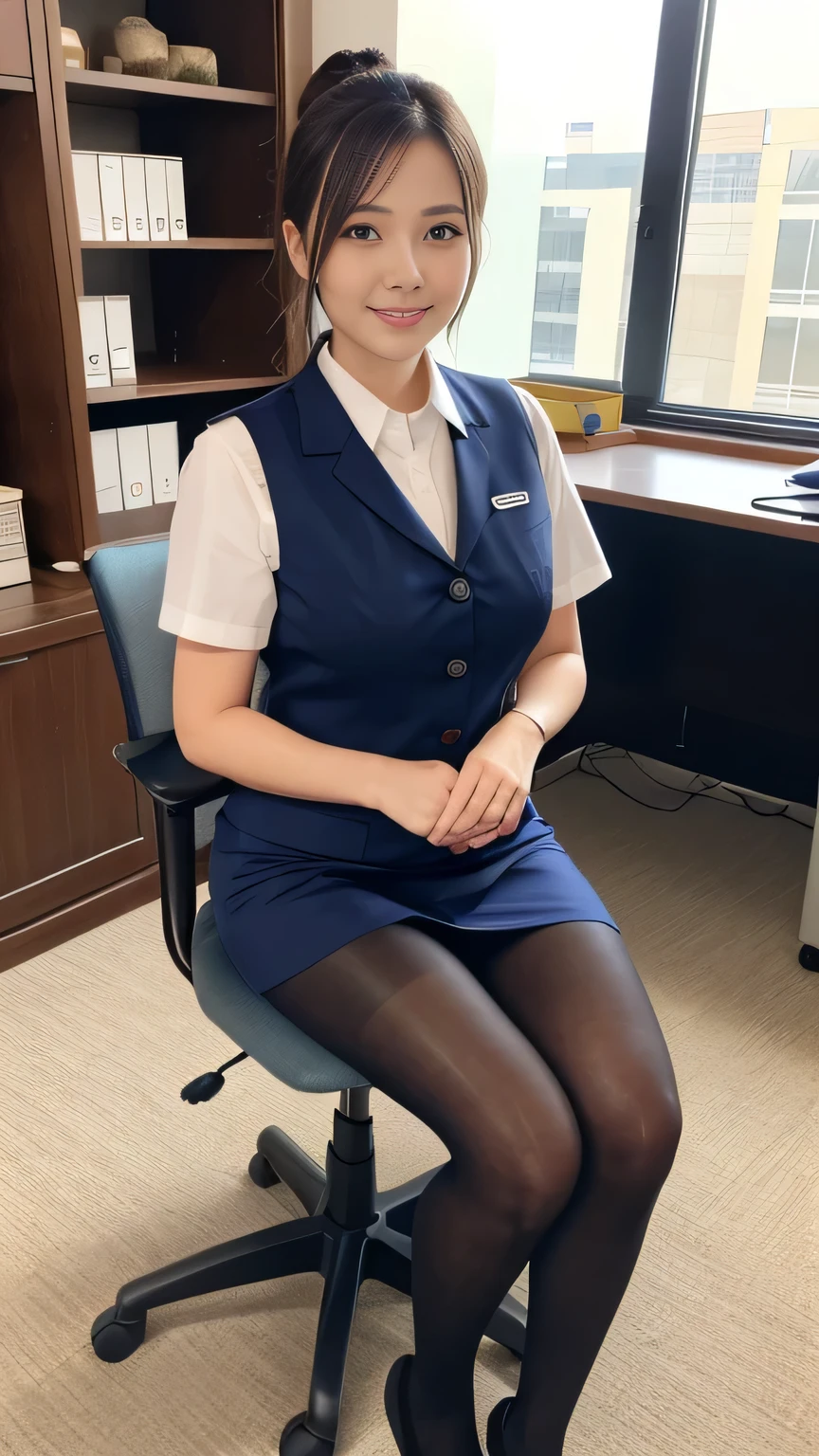 Highest quality、8k、masterpiece、Ultra-high resolution、Clear photos、Professional Lighting、Natural light、Realistic,、Highly detailed skin、Perfect Anatomy、One Woman、30 years old、Baby Face:1.6、Large Breasts、Glamour、Bob Hair、Brown Hair、Beautiful Hair、smile、((Office Uniforms))、((Checked office vest:1.2))、((Navy blue pencil mini skirt:1.2))、((Perfect Pantyhose:1.2))、((Black Pantyhose))、At the office、((Sitting in a chair))、(((Full Body Shot:1.4)))