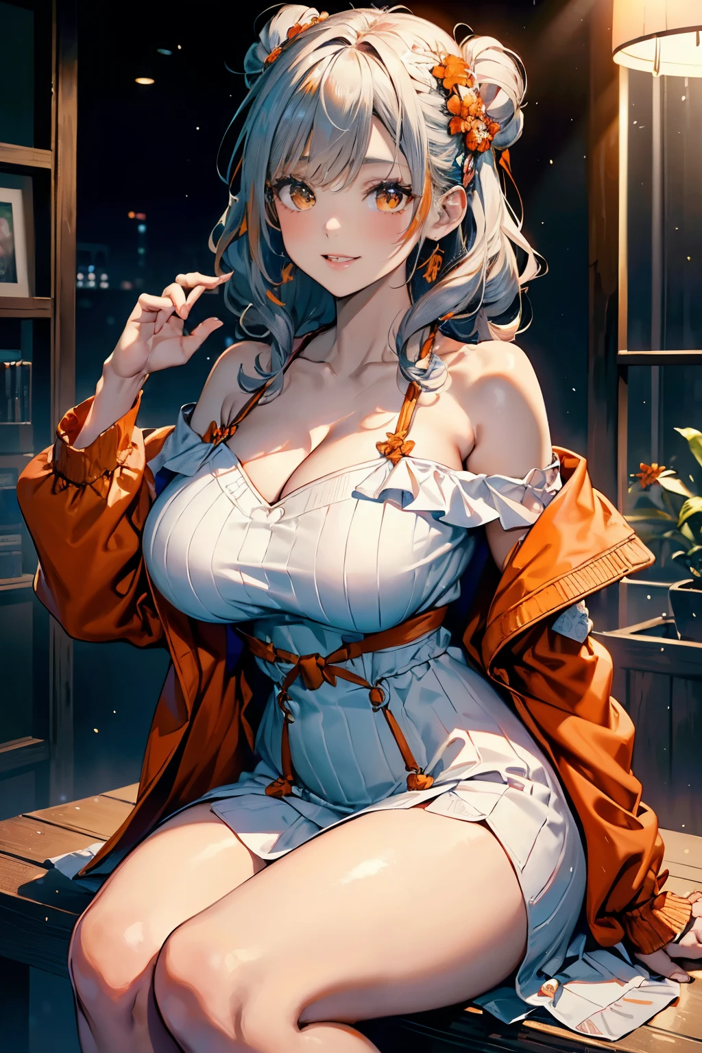 (3D Animation:1.3),(The contrast of light and shadow makes the subject appear three-dimensional),(Snowy mountains in winter),cute and beautiful adult woman,Cute round face,Cute Smile,Blushing,Red lips,(((Orange Open Short Duffle Coat:1.3))),(((Off-white off-the-shoulder knit dress:1.3))),(Silvery white hair,Floral knit headband,Half Up、Floral braided space buns,Voluminous fishtail braid,Twisted pan,),(The bangs are see-through),hairpin,hair ornaments,(((Accentuate larger breasts:1.3))),Chest slip,Detailed clothing features,Detailed hair features,Detailed facial features,(Dynamic Angle),(Dynamic and sexy pose),Professional Lighting,Cinematic Light,(Tabletop,Highest quality,Ultra-high resolution output images,) ,(8K quality,Depth of written boundary,Anatomically correct facial structure,),(SeaArt 2 Mode:1.3),(Picture Mode Ultra HD,)