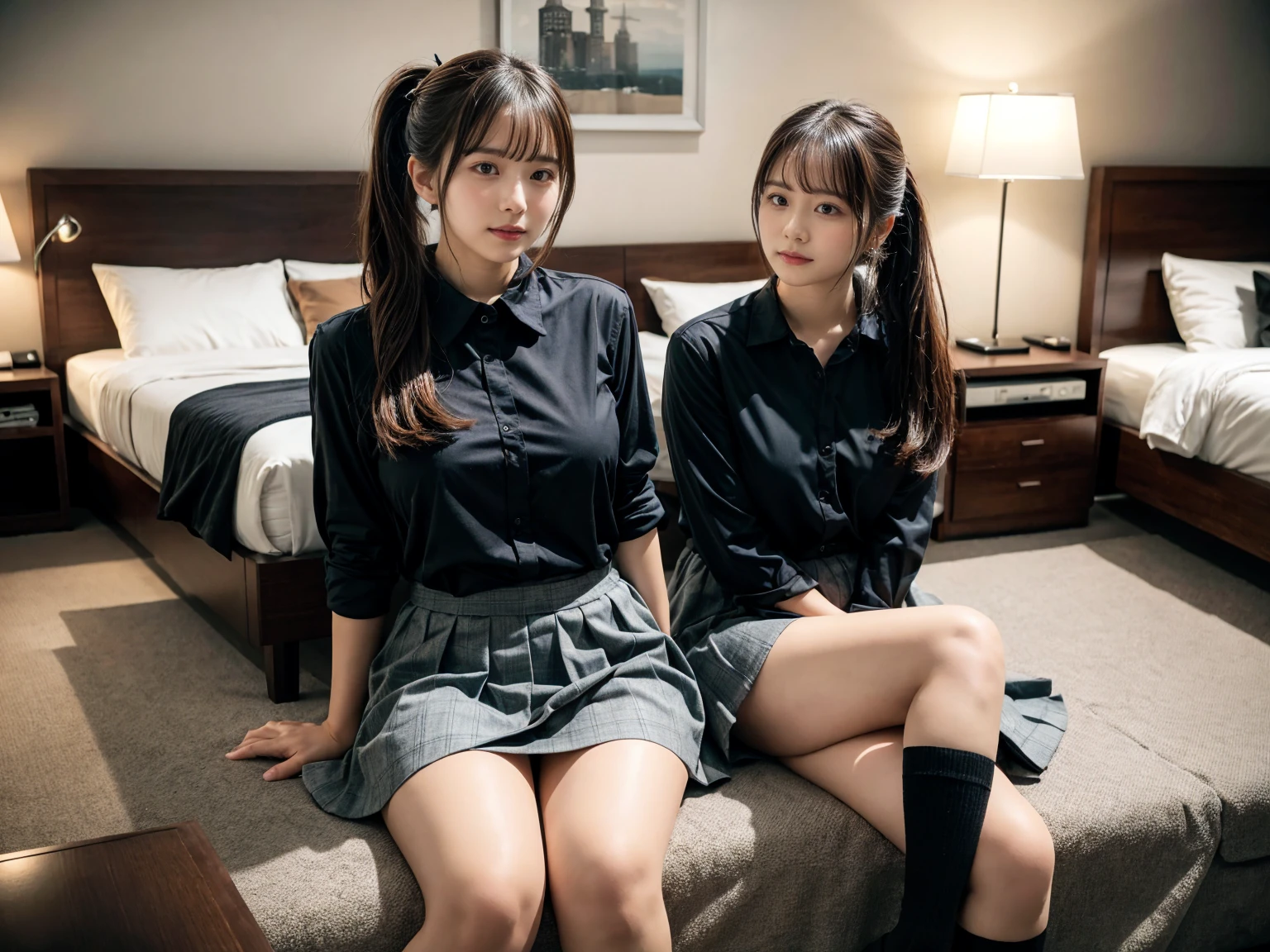 (8K, RAW Photos, Highest quality, masterpiece:1.2), (professional photography, full colors, studio-caliber color grading), (Gravure quality for high-end fashion magazines), (2 girls), BREAK,18 year old girl, (fluffy ponytail:1.2), Big Natural Color Lip, Plumpy body, (smooth skin:1.1), huge breasts,  BREAK, (collared shirt:1.1), pleated skirt, knee high socks, BREAK, hotel room, cute , lolita