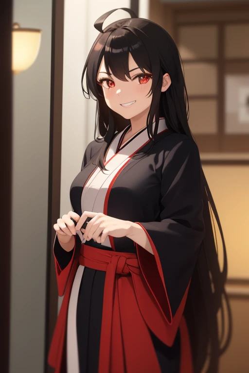 ((artwork, Best quality)), Front Lighting, (1 girl), (Alone), (female focus), (standing:1.3), (looking forward:1.3), front camera, kimono, karate uniform, uwagi, shitabaki, black hair, long hair, brown eyes, (very wide shot:1.5), streaked hair, black hair, ahoge, hair behind ear, very long hair, red eyes, pupils sparkling, light smile, grin, serious, seductive smile, depth of field, reflection light, close-up, macro photo, masterpiece, anatomically correct, high quality, best quality