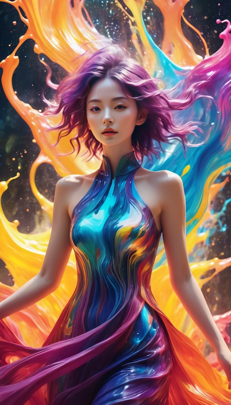 (((photographic, photo, photogenic))), extremely high quality high detail RAW color photo, Woman in dynamic pose, Brightly painted face, Fluid landscape and morphological fusion, Glowing 3D objects interact with graphics, Ultra-detailed illustrations, The feeling of melting runs through the entire composition, Flat but expressive artistic approach, Glow Aesthetics, Full body capture, Glowing Texture, Shining highlights, vibrant color palette, Encapsulating energy and motion, Mobility and light dynamics, Sharp visual contrast, A clever fusion of characters and abstract elements ,