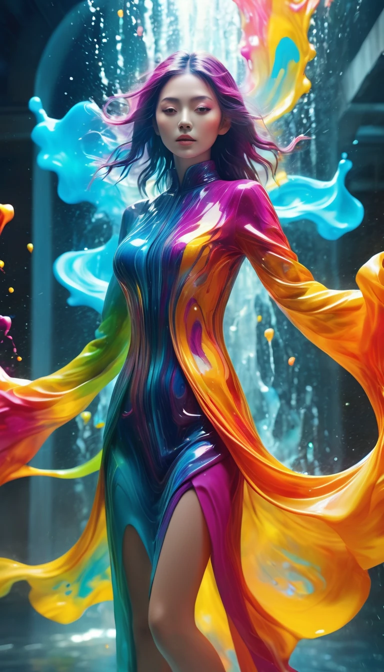 (((photographic, photo, photogenic))), extremely high quality high detail RAW color photo, Woman in dynamic pose, Brightly painted face, Fluid landscape and morphological fusion, Glowing 3D objects interact with graphics, Ultra-detailed illustrations, The feeling of melting runs through the entire composition, Flat but expressive artistic approach, Glow Aesthetics, Full body capture, Glowing Texture, Shining highlights, vibrant color palette, Encapsulating energy and motion, Mobility and light dynamics, Sharp visual contrast, A clever fusion of characters and abstract elements ,