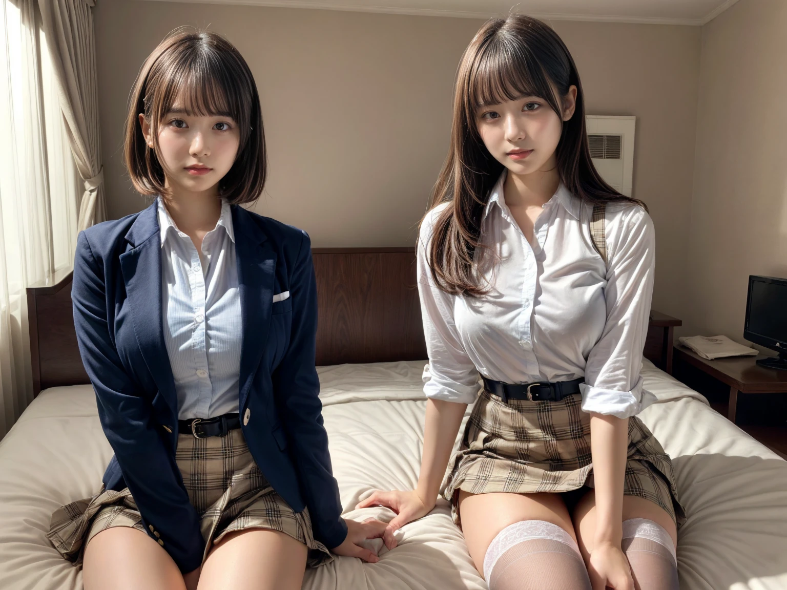 masterpiece, best quality, illustration, Super detailed, fine details, High resolution, 8K,wall paper, perfect dynamic composition,(Details High quality, realistic depiction of eyes:1.3), (2 girls), High school girl uniform、blazer 、Super Short Check Uniform Skirt、Navy blue high socks、garterbelts、Colossal tits, sitting, open legs, short bob hair, in a hotel room in the background, deep on field, large breasts, black hair color, Big Natural Color Lip, (perfect body shape), crying a little、Harajuku style、20 year old girl、cute type、beautiful legs, Gravure Idol