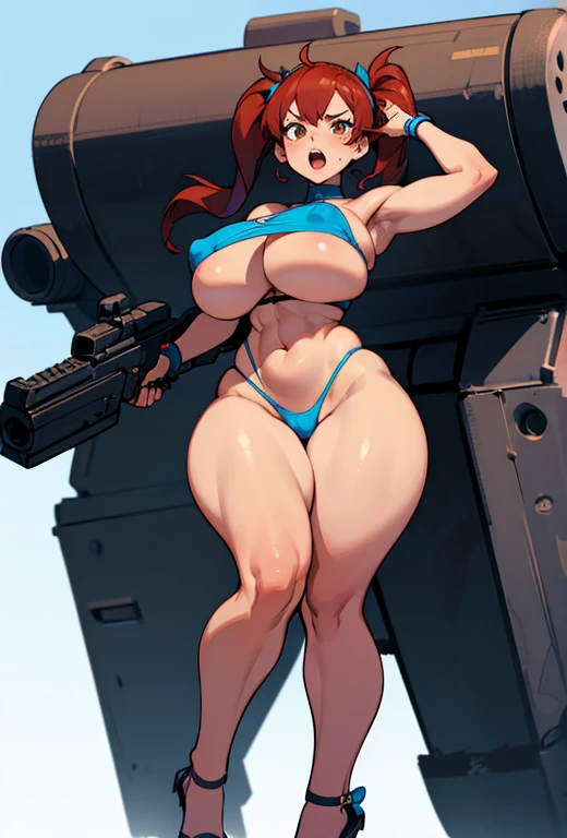 Young girl, Pullover, blue bikini, mini bikini, whole body to see, open mouth, angry, scream, pigtails hair , (( very wide hips)), (((colossal Thighs, gigantic thighs, very huge thighs, very big thighs))), fullbody, platform heels, tanned , brown skin, big breast, gun, soldier girl , black hair, leg garter, standing, front pose, redhead,