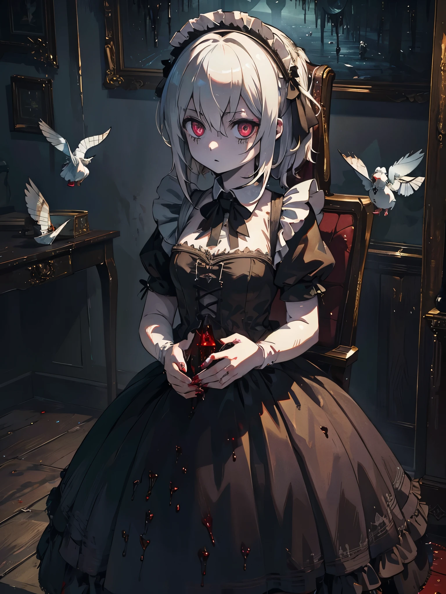 ((Highest quality)),(Ultra-high resolution),(Super detailed),(Detailed Description),((The best CG)),(masterpiece),Highly detailed art,(Art with precise detail:1.5), ((mysterious:1.7)),(Pale Skinned Maid:1.6),(Intricately detailed maid outfits:1.5),(Expressionless:1.5),(Condescending Gaze:1.2),(Pigeon Blood Eyes:1.6), (Gothic Horror:1.7)