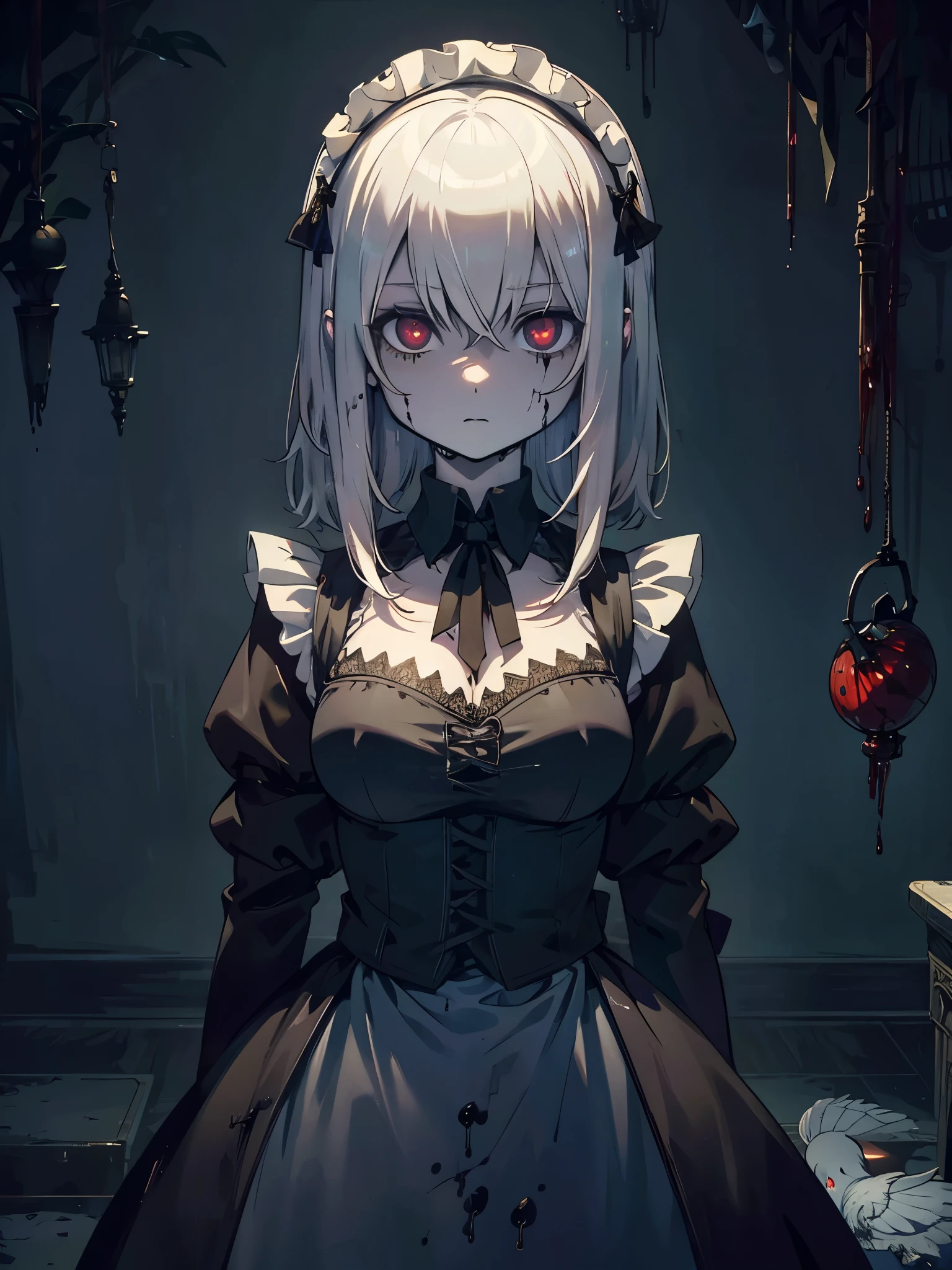 ((Highest quality)),(Ultra-high resolution),(Super detailed),(Detailed Description),((The best CG)),(masterpiece),Highly detailed art,(Art with precise detail:1.5), ((mysterious:1.7)),(Pale Skinned Maid:1.6),(Intricately detailed maid outfits:1.5),(Expressionless:1.5),(Condescending Gaze:1.2),(Pigeon Blood Eyes:1.6), (Gothic Horror:1.7)