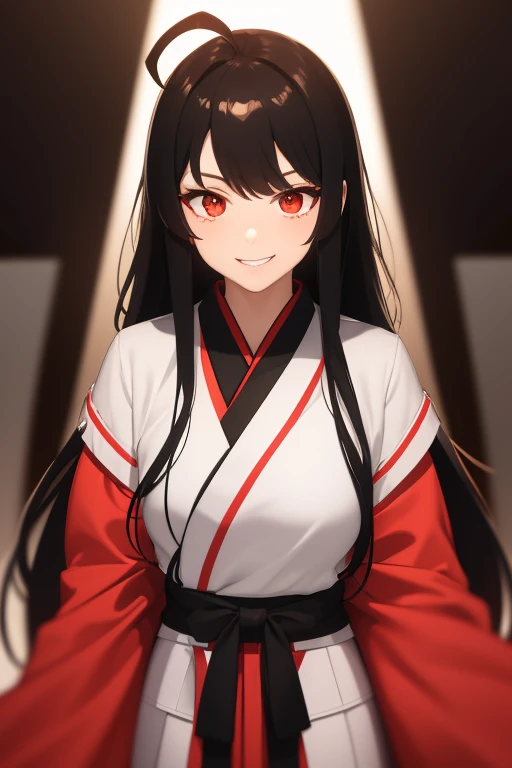((artwork, Best quality)), Front Lighting, (1 girl), (Alone), (female focus), (standing:1.3), (looking forward:1.3), front camera, kimono, karate uniform, uwagi, shitabaki, black hair, long hair, brown eyes, (very wide shot:1.5), streaked hair, black hair, ahoge, hair behind ear, very long hair, red eyes, pupils sparkling, light smile, grin, serious, seductive smile, depth of field, reflection light, close-up, macro photo, masterpiece, anatomically correct, high quality, best quality