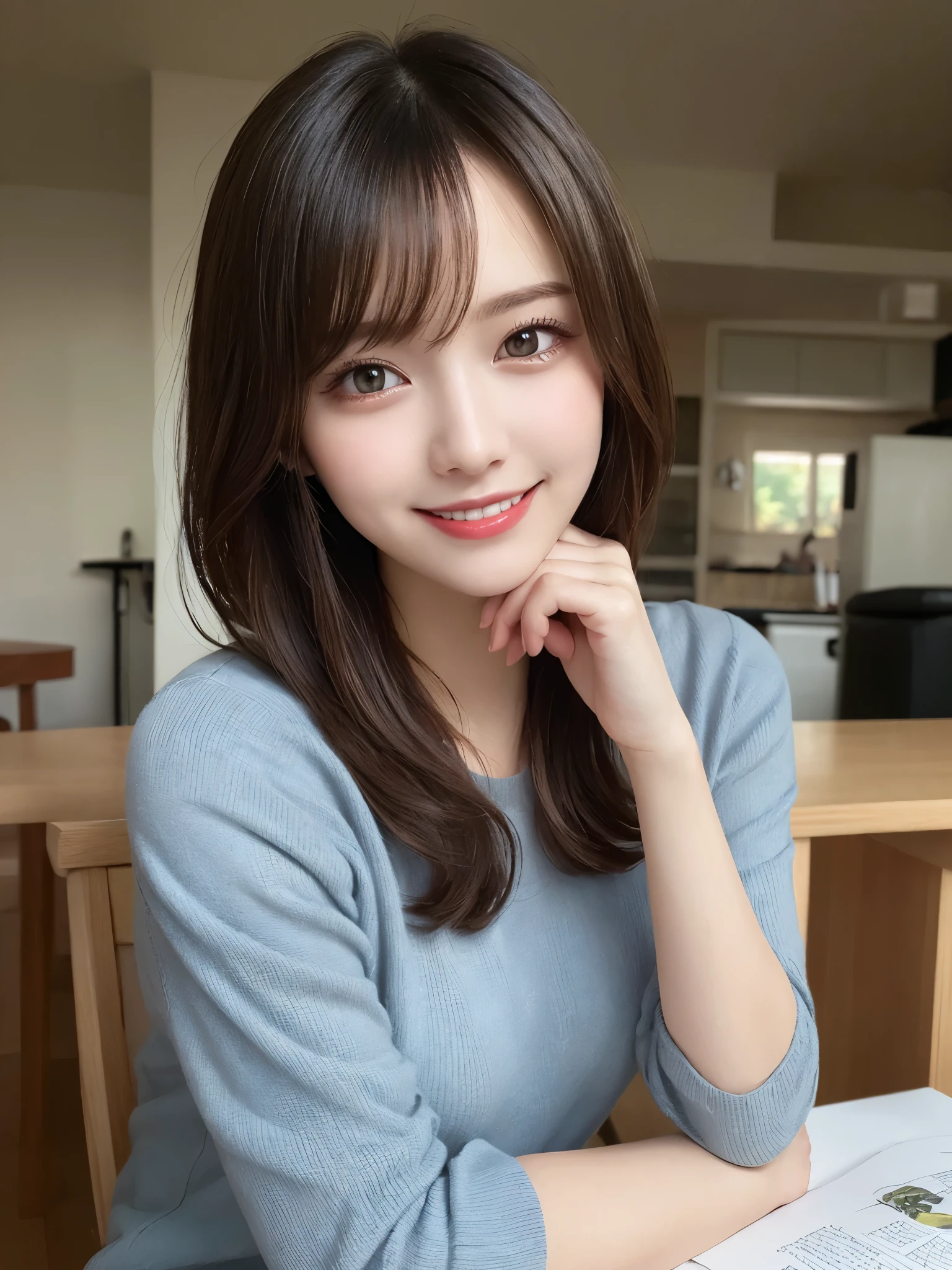 masterpiece, best quality, illustration, ultra-detailed, finely detailed, high resolution, 8K wallpaper, perfect dynamic composition, beautiful detailed eyes, at home, casual clothing, medium hair, small breasts, relaxed pose, smile, looking at camera