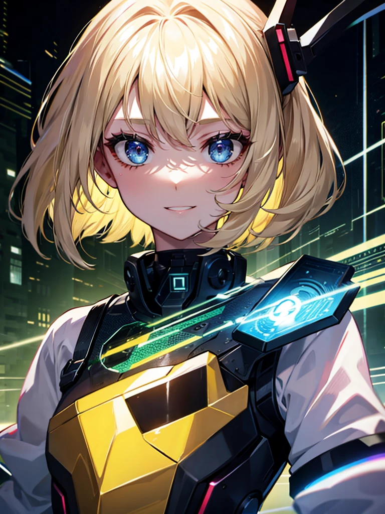 cyber punk、、Blonde、beautiful girl、smile、Bobcut、Extreme sadism、Face close-up、Artist、doctor、One person