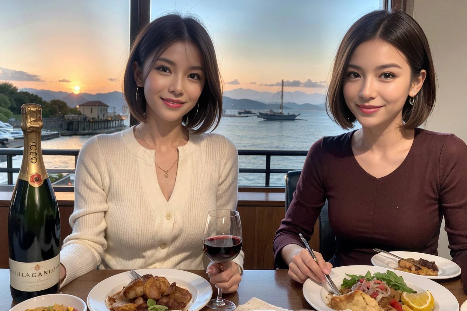 (Realistic:1.1),(masterpiece,Highest quality),8k,(49 years old), 53 years old, ベリーslimボディ、slimカップル、Tight waist,Upper Body,full-course dinner、wine 、Amazing view of the sunset sky and clouds、Perfect Anatomy, Brown Hair, short hair,Random Hairstyles,((Highly detailed face and eyes:1.2)),Perfect golden ratio face,Long sleeve shirt、dress,(smile:1.2)、Shortcuts、cute、(Realistic, Intricate details:1.2), A bright smile、short hair,Bright Face、赤wine 、Appetizers、Italian food、wine bottle、Champagne、スパークリングwine、(slimな顔), (The body is slim), (Brown Hair), (Shortcuts), Upper Body, 白wine, slim, wineグラス,