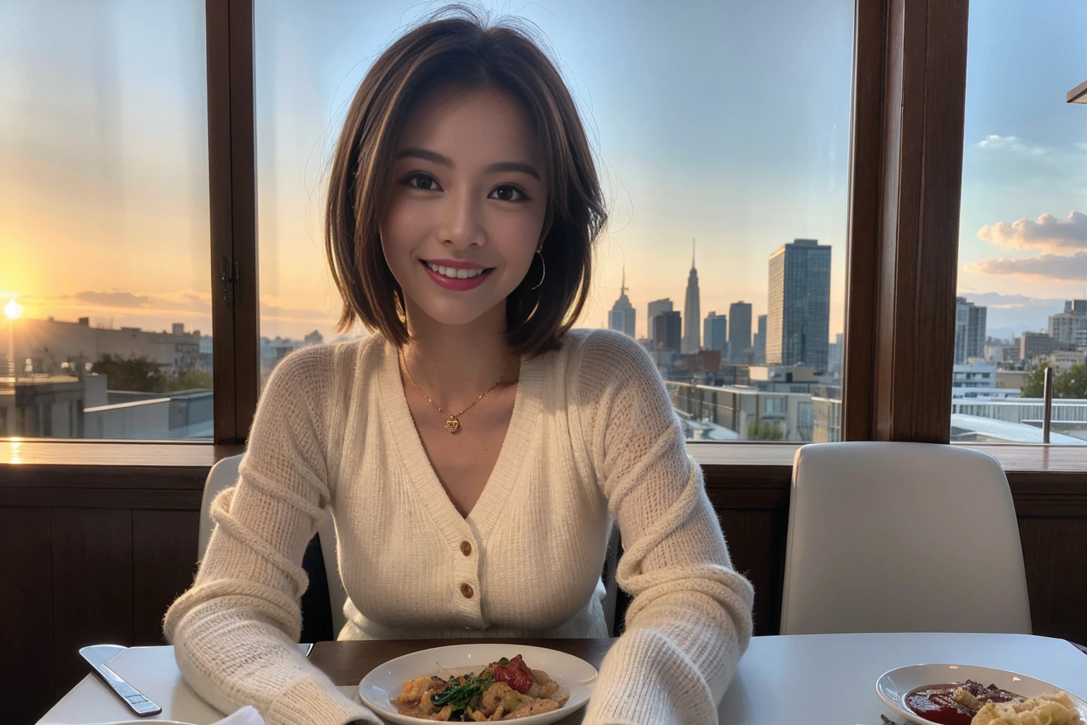 (Realistic:1.1),(masterpiece,Highest quality),8k,(49 years old), 53 years old, ベリーslimボディ、slimカップル、Tight waist,Upper Body,full-course dinner、wine 、Amazing view of the sunset sky and clouds、Perfect Anatomy, Brown Hair, short hair,Random Hairstyles,((Highly detailed face and eyes:1.2)),Perfect golden ratio face,Long sleeve shirt、dress,(smile:1.2)、Shortcuts、cute、(Realistic, Intricate details:1.2), A bright smile、short hair,Bright Face、赤wine 、Appetizers、Italian food、wine bottle、Champagne、スパークリングwine、(slimな顔), (The body is slim), (Brown Hair), (Shortcuts), Upper Body, 白wine, slim, wineグラス,