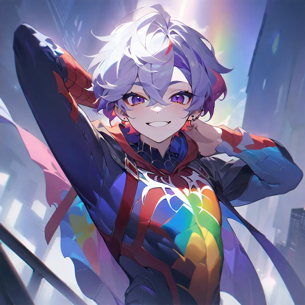 ( 4K)(best qualityer) (super resolution) (mega detailed)(work of art), Cute Teenage Boy, slim, rainbow hair, Eyes red, spider man clothes, face focus, Landscape Climb the buildings of a night city, Attractive Hand Behind Head Pose, piercing look, malicious little smile, Asian.