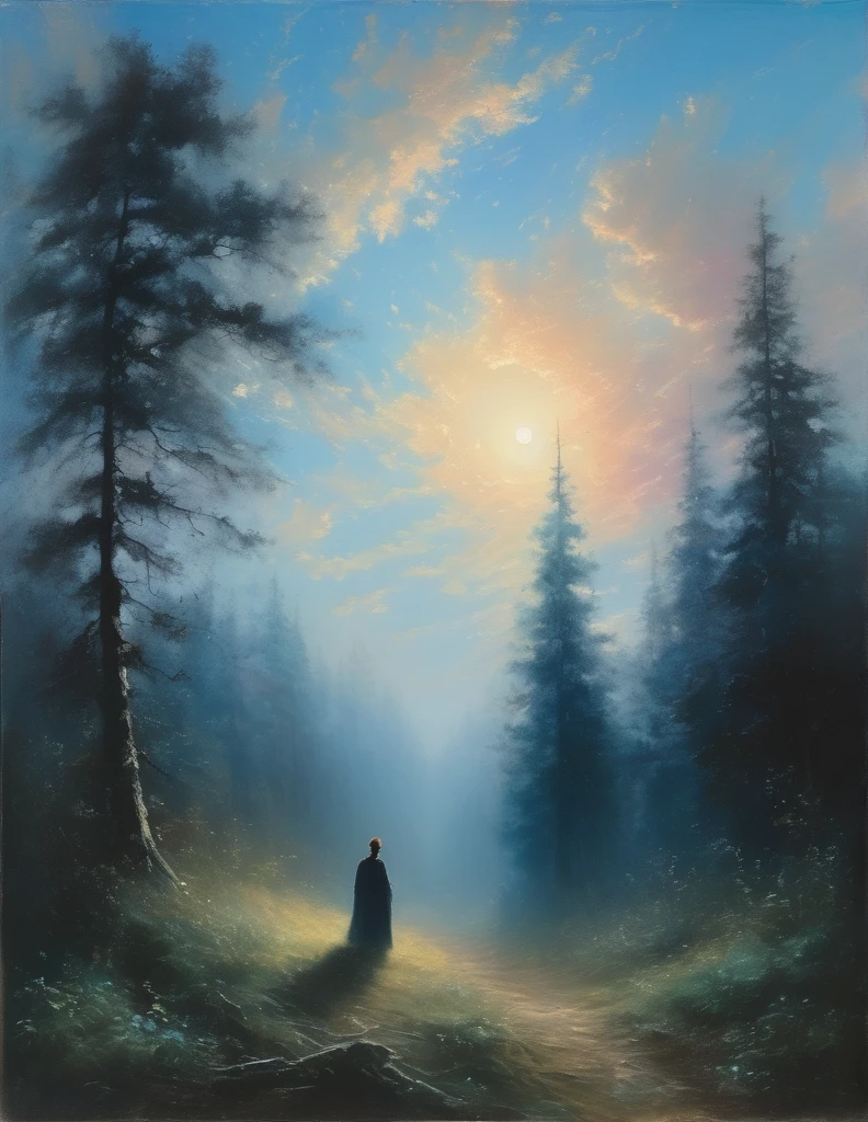 through a break in the dense, dark forest, the evening sky is seen: rose, toward the horizon, segueing toward blue at zenith. Wispy clouds, lit from below by the setting sun, drift through the sky. In the distance, near the tree line, a figure can be seen gazing at the sky.