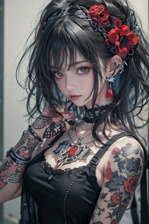 Highest quality、、masterpiece:1.3、Gothic Punk、Red inside、Gray Black Hair、hair ornaments、beautiful girl、creative、Punk Shirt、Neogoth、Goth Fashion:1.2、High resolution、masterpiece、Highest quality、頭w:1.3、((Hasselblad Photos))、Fine skin、Sharp focus、(Cinema Lighting)、Explore Tokyo'The night city beyond the neon lights, Forehead open, 19 years old、Petting'Hair back、Shoulder Bare、Small red rose tattoo on the décolletage、Just one tattoo