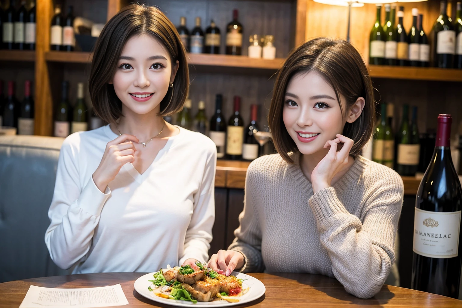 (Realistic:1.1),(masterpiece,Highest quality),8k,(49 years old), 53 years old, ベリーslimボディ、slimカップル、Tight waist,Upper Body,full-course dinner、wine 、Amazing view of the sunset sky and clouds、Perfect Anatomy, Brown Hair, short hair,Random Hairstyles,((Highly detailed face and eyes:1.2)),Perfect golden ratio face,Long sleeve shirt、dress,(smile:1.2)、Shortcuts、cute、(Realistic, Intricate details:1.2), A bright smile、short hair,Bright Face、赤wine 、Appetizers、Italian food、wine bottle、Champagne、スパークリングwine、(slimな顔), (The body is slim), (Brown Hair), (Shortcuts), Upper Body, 白wine, slim, wineグラス,
