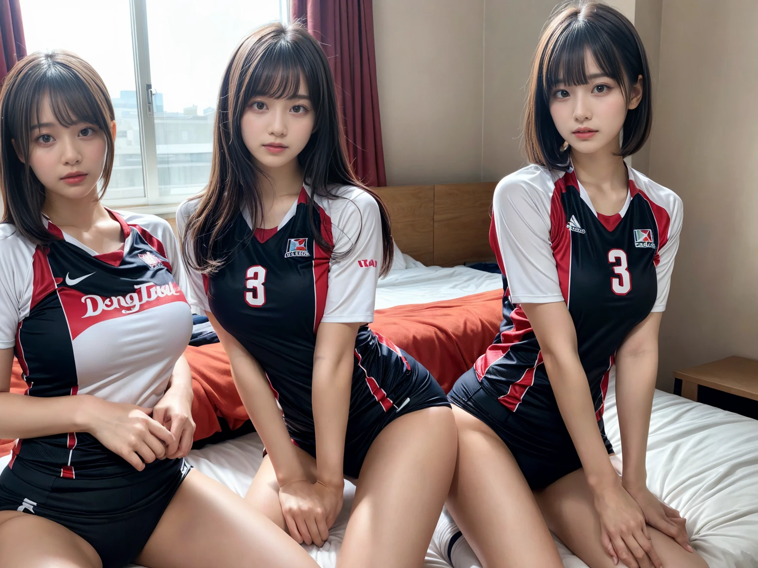 masterpiece, best quality, illustration, Super detailed, fine details, High resolution, 8K,wall paper, perfect dynamic composition,(Details High quality, realistic depiction of eyes:1.3), (2 girls), (short hair volleyball player, Volleyball Uniforms), Tight clothes, sitting, open legs, short bob hair, in a hotel room in the background, deep on field, large breasts, black hair color, Big Natural Color Lip, (perfect body shape), crying a little、Harajuku style、20 year old girl、cute type、beautiful legs, Gravure Idol