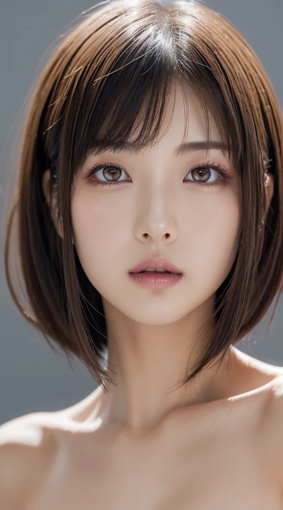 ((Bust-up photo:1.6))、((flat and small breasts:1.3))、((Like an ID photo:1.4))、((Apply beautiful makeup:1.6))、((Naked Girls:1.6))、((No underwear:1.6))、Natural Shading、((Moist eyes:1.3))、(K-Pop Idols)、Calm and goddess-like happiness、Look at the viewer with your whole body、((Slightly parted lips:1.3))、Natural Shading、((((Beautiful bob-cut gray hair))))、((Blonde Japanese Woman)))、(Short bob blonde:1.5)、masterpiece, Highest quality, 8k, Absurd, (Upper body:1.4), Beautiful girls, Beautiful face, Looking at the audience, Laughter, Surreal, High resolution, picture, Film Grain, chromatic aberration, Sharp focus, High resolution, フェイスLight, Dynamic Lighting, Light, Professional Shadow, Simple Background, (Dull grey background:1.4), Highest detail, Very detailed, Ultra-detailed, In detail, Real Skin, Delicate facial features, Detailed face and eyes, Sharp pupils、live action idol