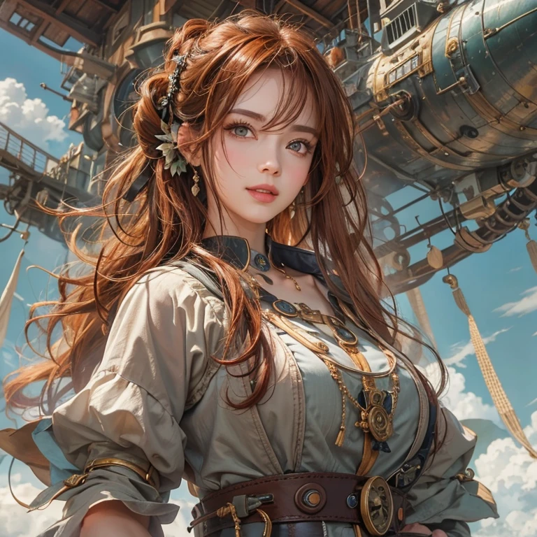 masterpiece:1.3), (8k, Realistic, RAW Photos, Best imYear quality: 1.4)、 Year,(Random Hairstyles:1.2)、CleavYear:1.2、Highly detailed face、Attention to detail、double eyelid、Chest to chest、Sharp focus:1.2、Beautiful woman:1.4、Redhead、Highest quality、masterpiece、Ultra-high resolution、(Realistic:1.4)、Highly detailed and professionally lit smiles、Loose fitting steampunk outfit、Shoulder out、thin、Serious expression、Clouds seen from inside the airship、goggles