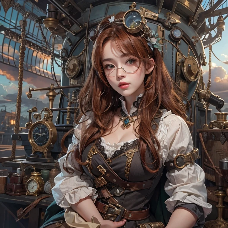masterpiece:1.3), (8k, Realistic, RAW Photos, Best imYear quality: 1.4)、 Year,(Random Hairstyles:1.2)、CleavYear:1.2、Highly detailed face、Attention to detail、double eyelid、Chest to chest、Sharp focus:1.2、Beautiful woman:1.4、Redhead、Highest quality、masterpiece、Ultra-high resolution、(Realistic:1.4)、Highly detailed and professionally lit smiles、Loose fitting steampunk outfit、Shoulder out、thin、Serious expression、Clouds seen from inside the airship、goggles