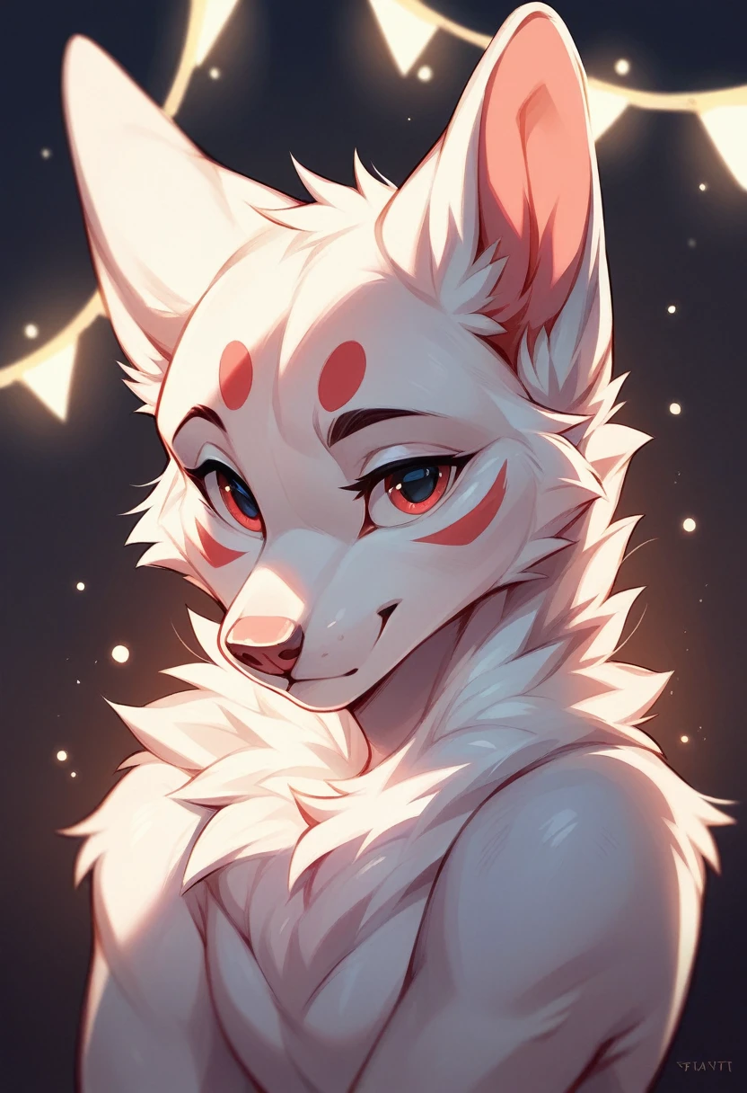 furry, white fur, ultra cute face, red elements on fur, glowing t-shrt, beautiful lights and shadows, ambient light, ultra detailed fur, volumetric light