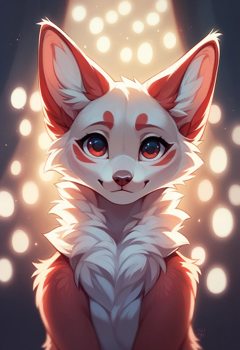 furry, white fur, ultra cute face, red elements on fur, glowing t-shrt, beautiful lights and shadows, ambient light, ultra detailed fur, volumetric light