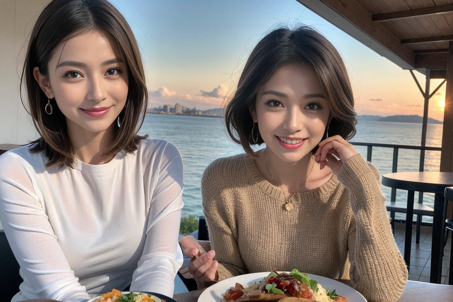 (Realistic:1.1),(masterpiece,Highest quality),8k,(49 years old), 53 years old, ベリーslimボディ、slimカップル、Tight waist,Upper Body,full-course dinner、wine 、Amazing view of the sunset sky and clouds、Perfect Anatomy, Brown Hair, short hair,Random Hairstyles,((Highly detailed face and eyes:1.2)),Perfect golden ratio face,Long sleeve shirt、dress,(smile:1.2)、Shortcuts、cute、(Realistic, Intricate details:1.2), A bright smile、short hair,Bright Face、赤wine 、Appetizers、Italian food、wine bottle、Champagne、スパークリングwine、(slimな顔), (The body is slim), (Brown Hair), (Shortcuts), Upper Body, 白wine, slim, wineグラス,