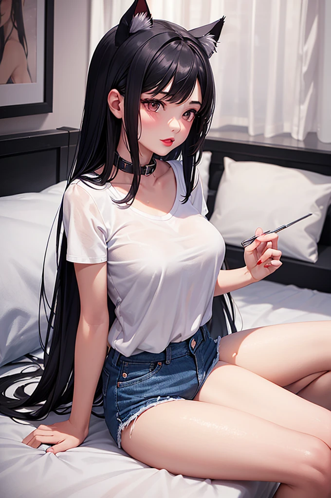 Side View，Detailed facial details，16 years old，1 girl，Red lips，Cat ear，Black long hair，Wearing a pure white shirt，Large Breasts，Denim shorts，Collar，Radiant Skin，Sitting on the bed，bedroom