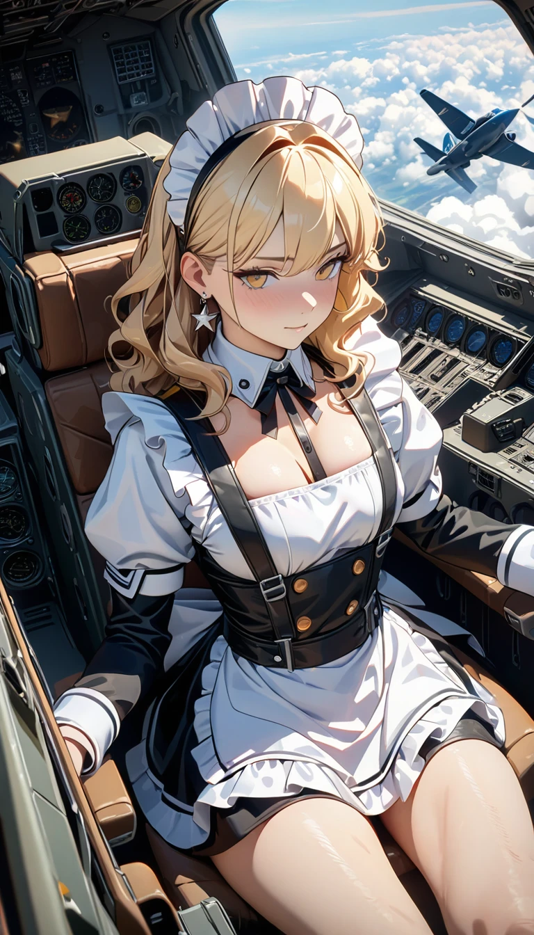 ((best quality)), ((masterpiece)), (detailed), perfect face, ((best quality, 8k, masterpiece: 1.3)), sharp focus, Highly detailed face and skin texture, detailed 눈, light blonde, Shoulder length, wavy hair, Star earrings, Maid costume with frills, white visor, high resolution, textured skin, animation style, Maid aboard a fighter plane, Maids who act as pilots, cockpit interior, air Force, fly above the clouds, Wear a leash, look humiliated, wait like a dog