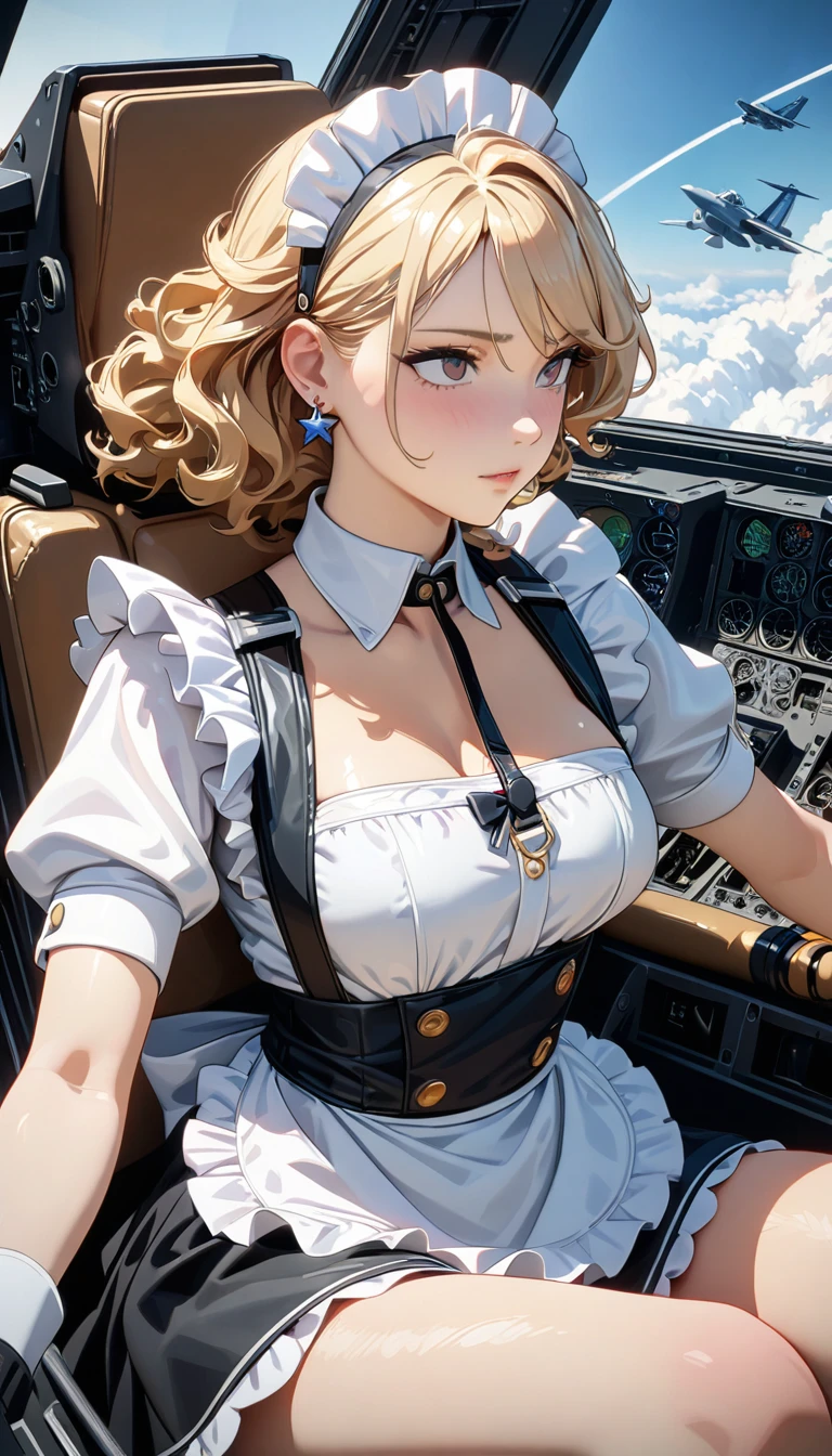 ((best quality)), ((masterpiece)), (detailed), perfect face, ((best quality, 8k, masterpiece: 1.3)), sharp focus, Highly detailed face and skin texture, detailed 눈, light blonde, Shoulder length, wavy hair, Star earrings, Maid costume with frills, white visor, high resolution, textured skin, animation style, Maid aboard a fighter plane, Maids who act as pilots, cockpit interior, air Force, fly above the clouds, Wear a leash, look humiliated, wait like a dog