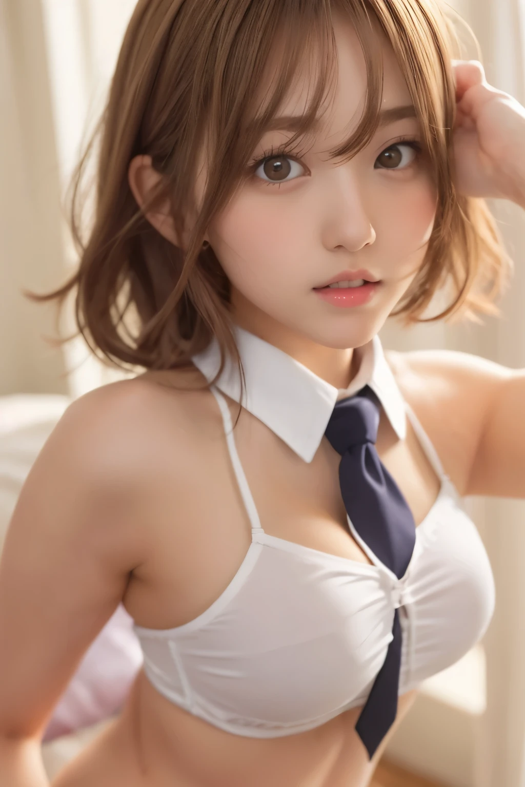 Girl with light brown fluffy hair、She leans forward and exposes her big round ass right in front of me、Unbuttoned school shirt and tie 1、Panties back view、Hot sex with naked girls:1.6