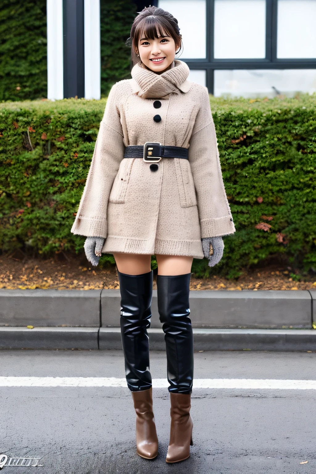 Wearing a knitted sweater, Long trench coat and black leather gloves,pants,pumps,Full body photo,Photo by Nikon,See-through bangs,smile,girl&#39; Black business long pants style,Weather Caster,See-through bangs,Mature idol girl,One Girl