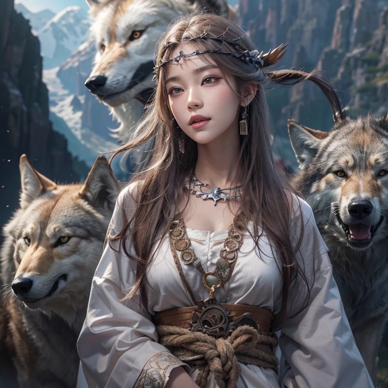 Lakeside surrounded by snowy mountains、Hair Flow、 ((Highest quality、masterpiece、8k、Best image quality、Ultra-high resolution、Award-winning works)、(Accurate anatomy:1.1)、(Look at me and smile:1.1)、Shining fair skin with Ultra-high resolution、The most detailed face、Ultra-high resolution detailed face、Ultra-high resolutionの髪の毛、(Ultra-high resolutionの煌めく瞳:1.1)、Beautiful face drawn in every detail、Ancient Viking clothing, Chest to chest, tattoo, A real wolf is by your side