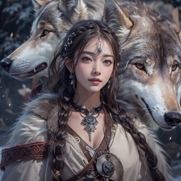 Lakeside surrounded by snowy mountains、Hair Flow、 ((Highest quality、masterpiece、8k、Best image quality、Ultra-high resolution、Award-winning works)、(Accurate anatomy:1.1)、(Look at me and smile:1.1)、Shining fair skin with Ultra-high resolution、The most detailed face、Ultra-high resolution detailed face、Ultra-high resolutionの髪の毛、(Ultra-high resolutionの煌めく瞳:1.1)、Beautiful face drawn in every detail、Ancient Viking clothing, Chest to chest, tattoo, A real wolf is by your side