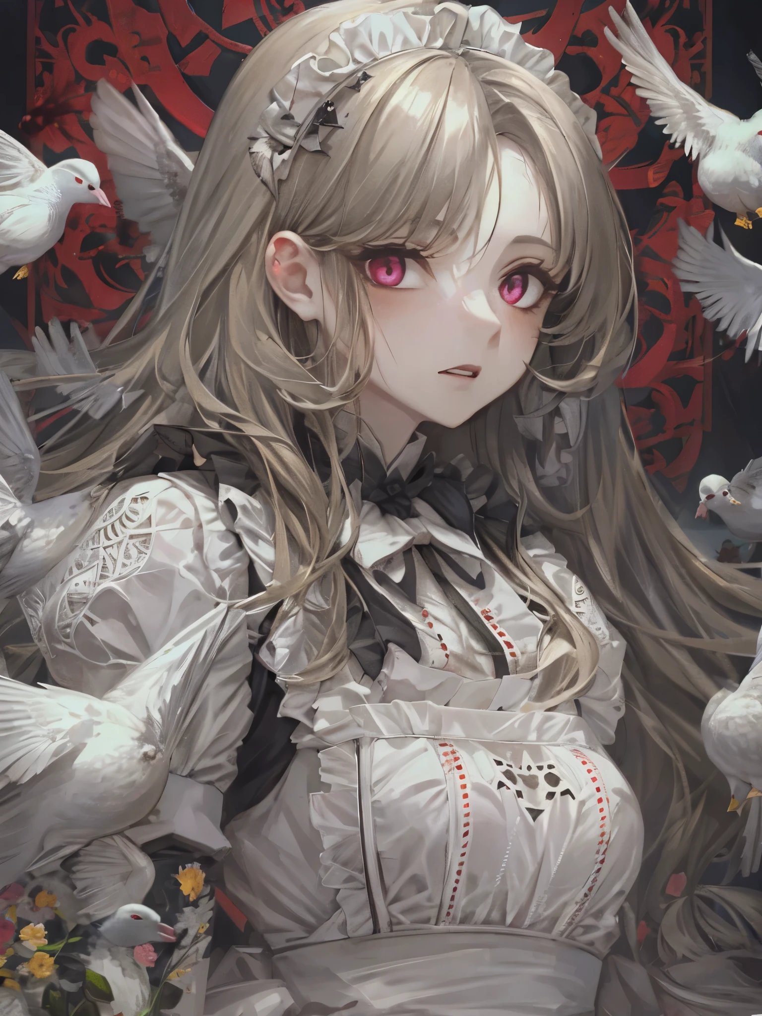 ((Highest quality)),(Ultra-high resolution),(Super detailed),(Detailed Description),((The best CG)),(masterpiece),Highly detailed art,(Art with precise detail:1.5), ((mysterious:1.7)),(Pale Skinned Maid:1.6),(Intricately detailed maid outfits:1.5),(Expressionless:1.5),(Condescending Gaze:1.2),(Pigeon Blood Eyes:1.6), (Gothic Horror:1.7)