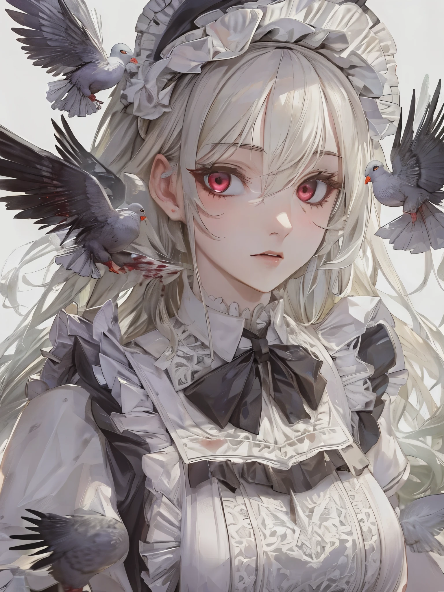 ((Highest quality)),(Ultra-high resolution),(Super detailed),(Detailed Description),((The best CG)),(masterpiece),Highly detailed art,(Art with precise detail:1.5), ((mysterious:1.7)),(Pale Skinned Maid:1.6),(Intricately detailed maid outfits:1.5),(Expressionless:1.5),(Condescending Gaze:1.2),(Pigeon Blood Eyes:1.6), (Gothic Horror:1.7)