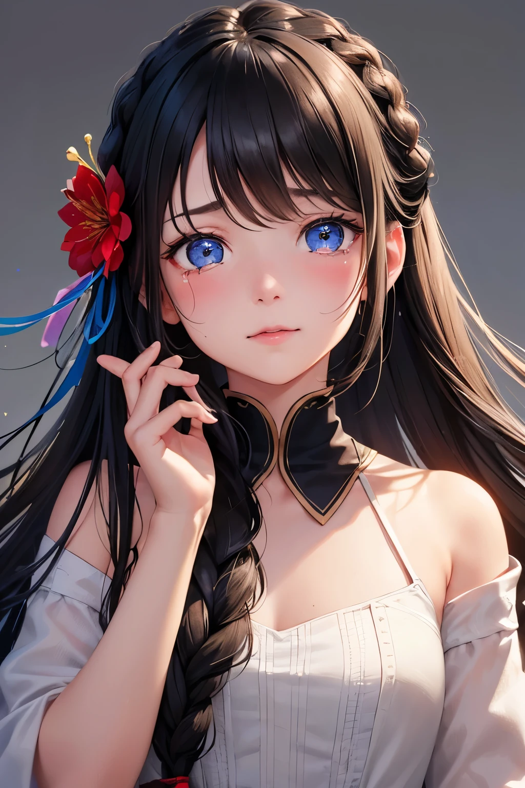 One girl, solo, Black Hair, Textured skin, Shallow brown hair, Braided long hair, blue eyes, Cry with your eyes open, Are crying, happiness/joy, I want to cry, Red face, happy tears, Character portrait, Aperture F2.8, Nikon, Hair Flower,