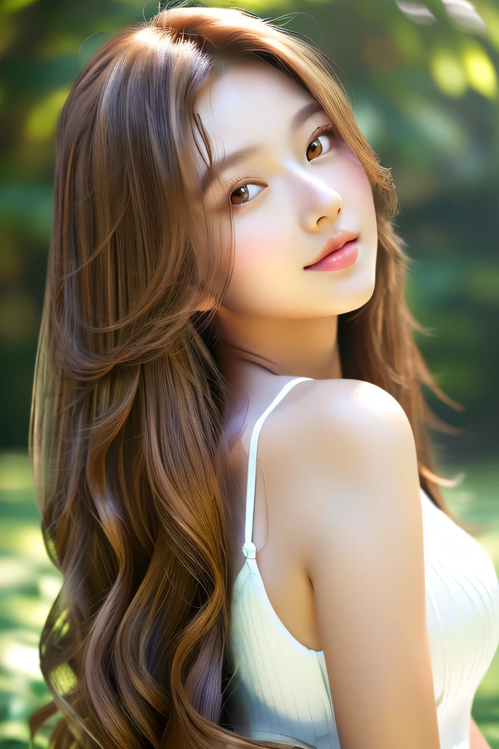 ((Highest quality)), ((Masterpiece)), (details), lean forward、perfect face、perfect body、light brown hair、Beautiful skin、Beautiful girl of Korean-Russian descent、(Masterpiece:1.3), (8ก, realistic, raw photos, Best picture quality: 1.4), (long coarse hairstyle:1.2)、rift:1.2