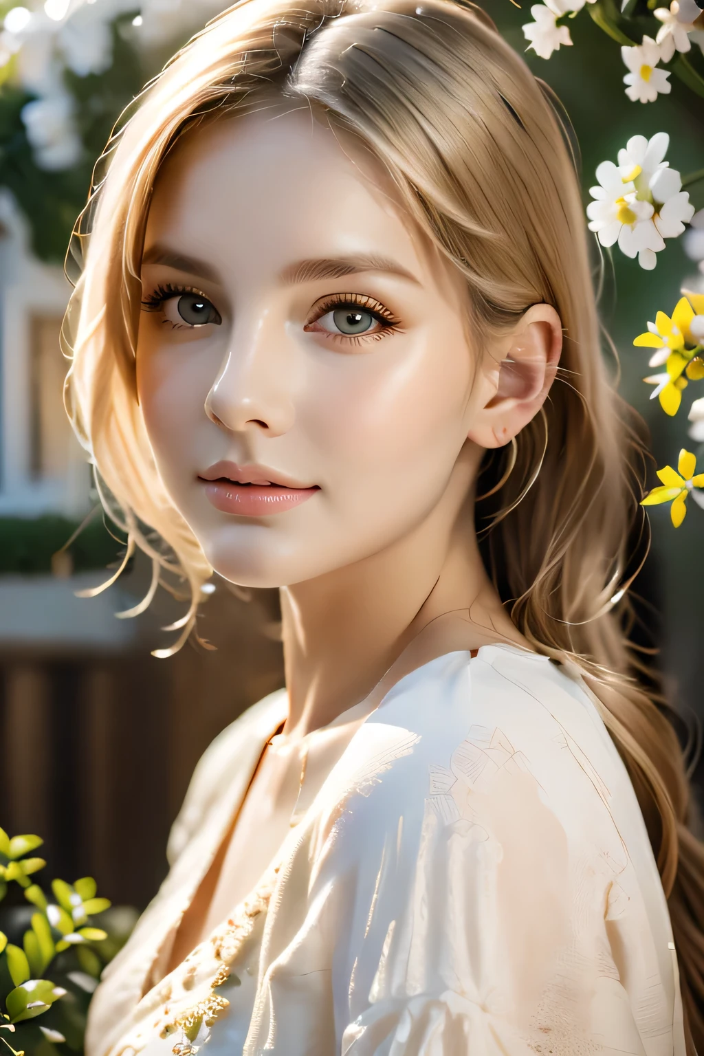 best quality,realistic,Portrait,Beautifully detailed eyes,Beautifully detailed lips,blonde girl,garden background,Delicious steak,High quality restaurant,moderate:oil painting,soft light,bright colors,Warm colors
