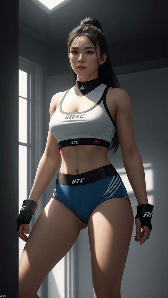 Teen girl as UFC fighter wearing Arcane style high crop top, C-cup, full body, perfect body. perfect light perfect composition Beauty Award winning masterpiece Artstation 8 k Artgerm Mucha Dim Volumetric lighting Octane 18 k Beautiful detail rendering. post processing, portrait, exaggerated detail, complex, grand composition, cinematic lighting, masterpiece, trending art station, high detail, masterpiece, beautiful, 18k , HDR, smooth, sharp focus, high resolution