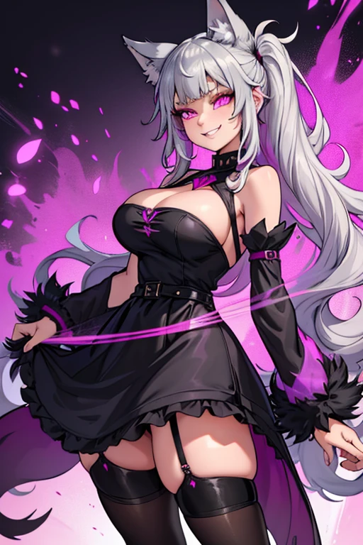 female, black long hair with magenta trim, silver eyes, wolf ears, wolf tail, (((1girl))), (((black and magenta toga dress))), (black detached sleeves), (black stockings), (black heels), (gold jewelry), cute and sexy, full body, large breasts, long legs, smiling