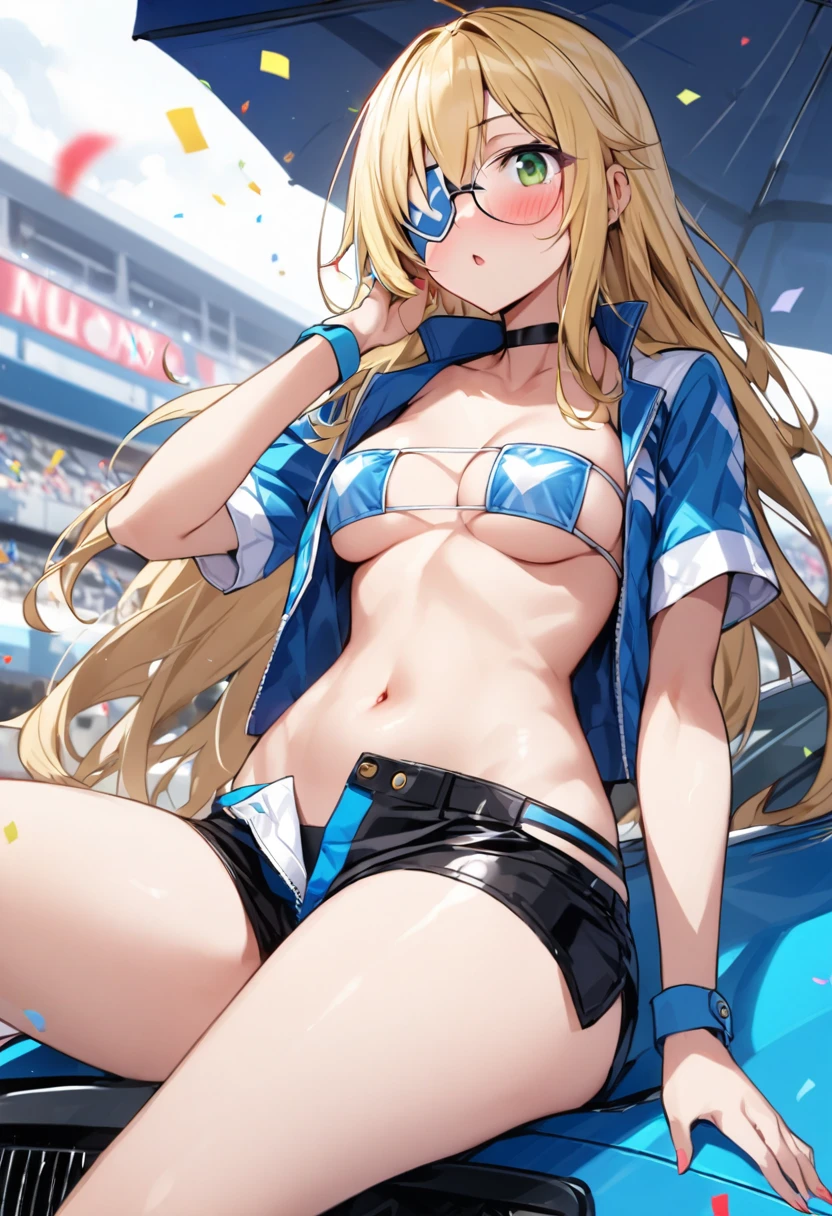 1 girl、solo、Long Hair、chest、Staring at the audience、blush、笑face、Blonde Hair、大きなchest、belly button、chestの谷間、Sitting、Close your mouth、Green Eyes、Swimwear、Short sleeve、(face:No eyepatch)、Eyepatch bikini、Eyepatch bikiniボトムトップのみ、(color:black)Thighs、Outdoor、Open clothes、null、Glasses、Shorts、choker、noon、cloud、stomach、青null、Shorts、Underbust、(Eyepatch bikini:black)、High leg、blackchoker、blackShorts、Hair Intake、地上car両、自動car、car、Open Fly、Confetti、眼帯High legビキニ、Micro Shorts、Race Queen