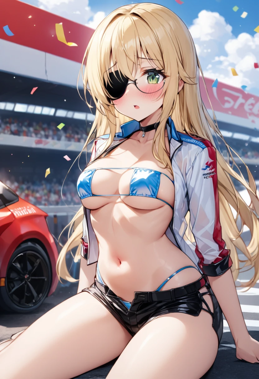 1 girl、solo、Long Hair、chest、Staring at the audience、blush、笑face、Blonde Hair、大きなchest、belly button、chestの谷間、Sitting、Close your mouth、Green Eyes、Swimwear、Short sleeve、(face:No eyepatch)、Eyepatch bikini、Eyepatch bikiniボトムトップのみ、(color:black)Thighs、Outdoor、Open clothes、null、Glasses、Shorts、choker、noon、cloud、stomach、青null、Shorts、Underbust、(Eyepatch bikini:black)、High leg、blackchoker、blackShorts、Hair Intake、地上car両、自動car、car、Open Fly、Confetti、眼帯High legビキニ、Micro Shorts、Race Queen