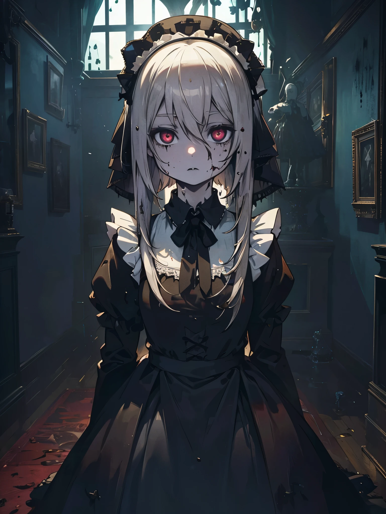 ((Highest quality)),(Ultra-high resolution),(Super detailed),(Detailed Description),((The best CG)),(masterpiece),Highly detailed art,(Art with precise detail:1.5), ((mysterious:1.7)),(Pale Skinned Maid:1.6),(Intricately detailed maid outfits:1.5),(Expressionless:1.5),(Condescending Gaze:1.2),(Pigeon Blood Eyes:1.6), (Gothic Horror:1.7)