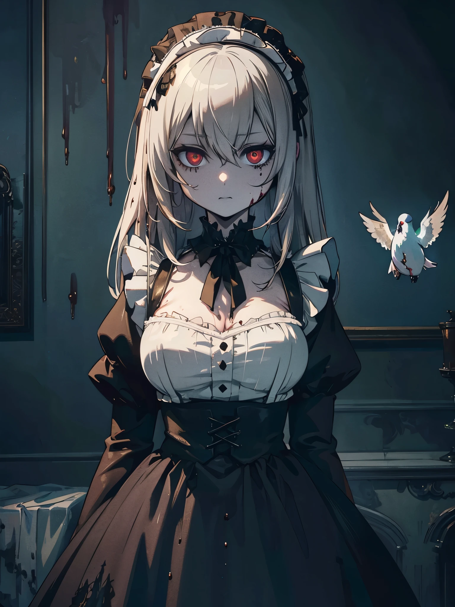((Highest quality)),(Ultra-high resolution),(Super detailed),(Detailed Description),((The best CG)),(masterpiece),Highly detailed art,(Art with precise detail:1.5), ((mysterious:1.7)),(Pale Skinned Maid:1.6),(Intricately detailed maid outfits:1.5),(Expressionless:1.5),(Condescending Gaze:1.2),(Pigeon Blood Eyes:1.6), (Gothic Horror:1.7)